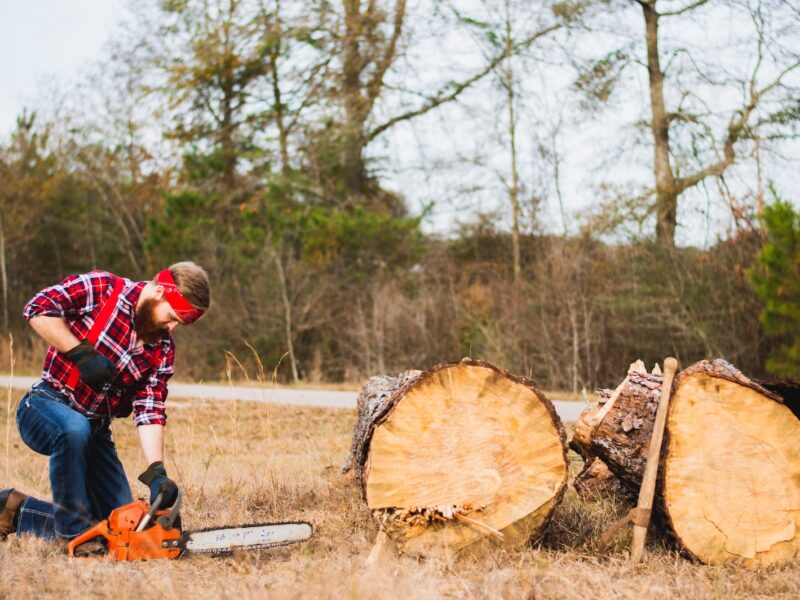 person using chainsaw in front of tree log